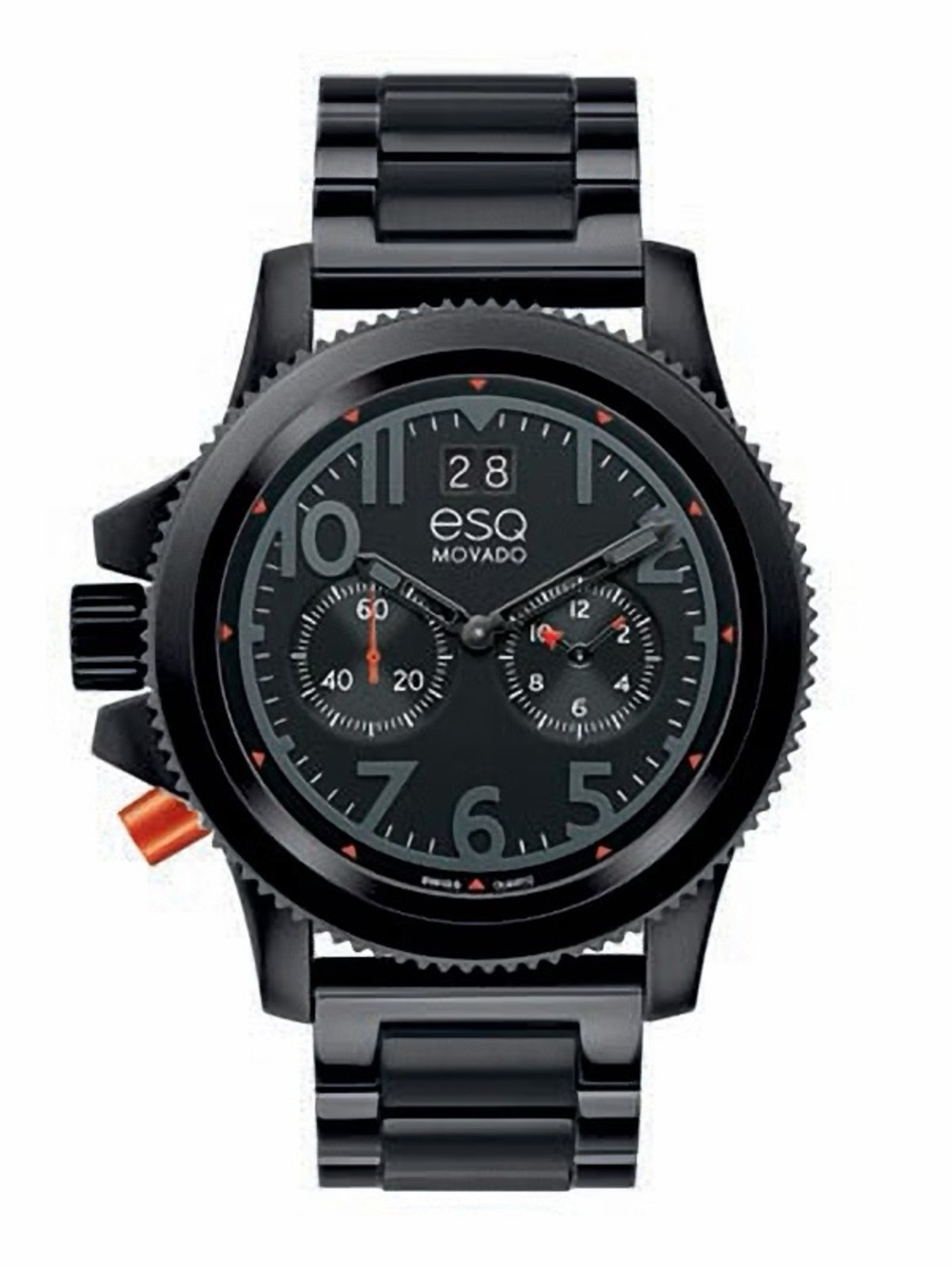 Lefty Movado ESQ Black Stainless Steel Chronograph Watch with Orange Accents